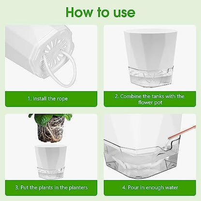 6 Pack Self Watering Plant Pot, 6.6/5 Inch Plastic Self Watering Pots for Indoor Outdoor Plants African Violet Pots Easy Plant Self Watering Pot with Wick Rope for Plants Flowers