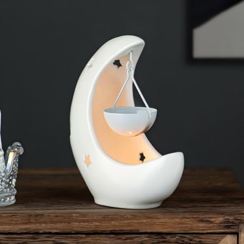 Moon & Star Ceramic Wax Melt Warmer, Hanging Tealight Oil Burner, Aromatherapy Candle Holder for Home Decor, Bedroom, Spa, Boho Gift for Women, Mom Black