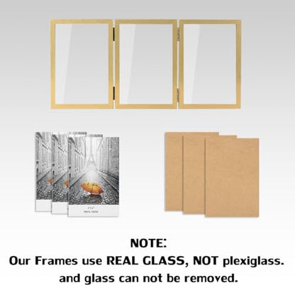 WUTL 3 Picture Frame Triple Collage 4x6 Frames with Real Glass Golden | Trifold Photo Frame, Hinged Foldable, Crystal Clear Real Glass - color: Gold, size: 4x6