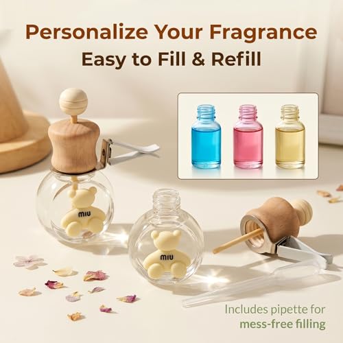 2 Pack Bear Car Vent Clip Diffuser Refillable Glass Bottle | Wood cap glass bottle with dropper, DIY essential oil freshener for car wardrobe bathroom home - size: Bear-A3 - 2PCS
