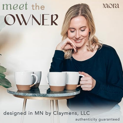 Mora Ceramic Large Latte Mug Set of 4, 16oz - Microwavable, Porcelain Coffee Cups With Big Handle - Modern, Boho, Unique Style For Any Kitchen. Microwave Safe Stoneware - Vanilla White - color: Vanilla White