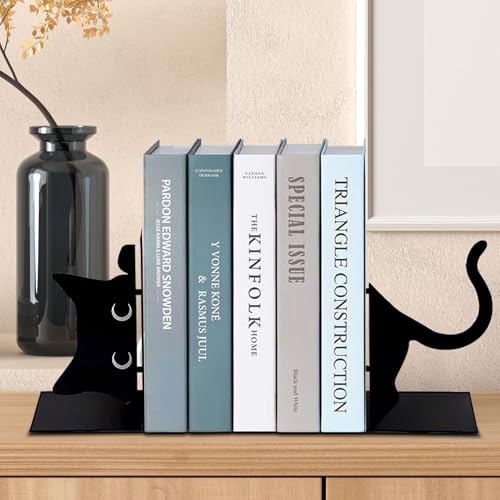 Book Ends Decorative,ENCIMART Book Ends,Metal Bookends,Book Holders for Shelves,Office Decorative Bookends,1.5mm Thickened Book Ends,Bedroom Library Office School Book Desktop Organizer Gift（Cat） | 1.5mm Metal Bookends for Heavy Books, Book Stoppers Desk
