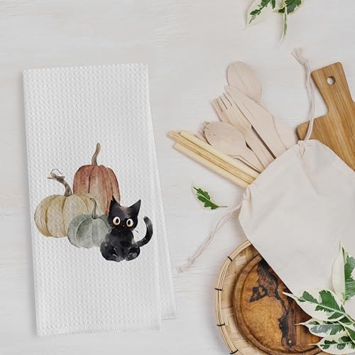 Fall Pumpkin Dish Towels Set - Fall Pumpkin Gifts Waffle Weave Kitchen Towels, Black Cat Gifts Hand Tea Towels, Fall Black Cat Bathroom Kitchen Decor (16×24 Inches Set of 2) - color: Fall-2