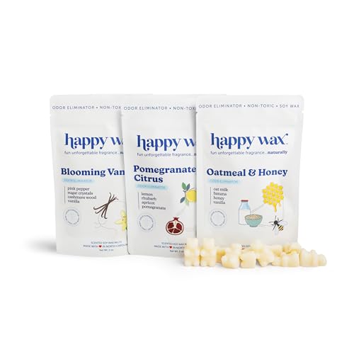 Happy Wax Odor Eliminating Scented Soy Wax Melts – Pet-Safe, Non-Toxic, Use with Wax Warmers - for Home Fragrance & Freshness - 6 Total Oz: Oatmeal & Honey, Pomegranate Citrus and Blooming Vanilla - color: Odor Eliminating Mix