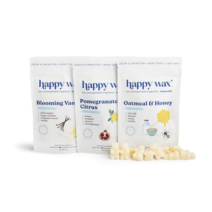 Happy Wax Odor Eliminating Scented Soy Wax Melts – Pet-Safe, Non-Toxic, Use with Wax Warmers - for Home Fragrance & Freshness - 6 Total Oz: Oatmeal & Honey, Pomegranate Citrus and Blooming Vanilla - color: Odor Eliminating Mix