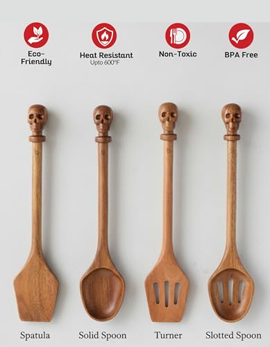 Acacia Wood Cooking Utensil Set with Skull Handles – 4-Piece FSC Certified Acacia Wood Kitchen Tools, Eco-Friendly Nonstick Safe Cooking Utensils (Spatula, Spoon, Slotted Turner, Slotted Spoon) - color: Acacia Signature Skull Set