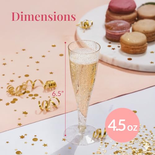 Prestee 200 Disposable Champagne Flutes Gold Glitter Glasses - 4.5 Oz Plastic Champagne Cups for Parties, Wedding Toasts, Mimosa Bar, and New Year’s Eve - Elegant Bulk Gold Plastic Wine Flutes | Disposable - color: Gold Glitter, size: 200 Count (Pack of 1