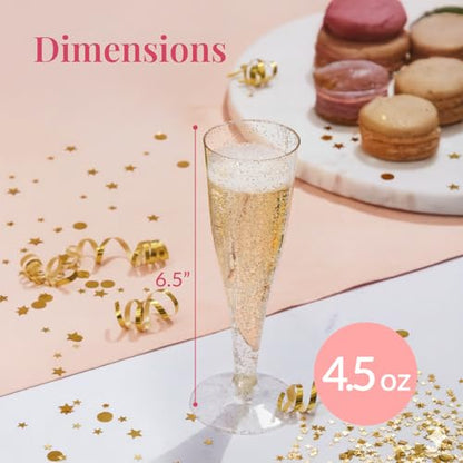 Prestee 200 Disposable Champagne Flutes Gold Glitter Glasses - 4.5 Oz Plastic Champagne Cups for Parties, Wedding Toasts, Mimosa Bar, and New Year’s Eve - Elegant Bulk Gold Plastic Wine Flutes | Disposable - color: Gold Glitter, size: 200 Count (Pack of 1