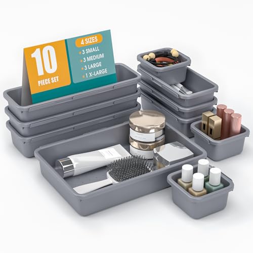 10 PCS Drawer Organizer Set, 4 Size Makeup Drawer Divider Organizer With Non-Slip Pads, Interlocking Plastic Storage Bins for Office,Jewelry Vanity,Gadgets, Bathroom,Kitchen, Grey - color: Grey, size: 10Pack