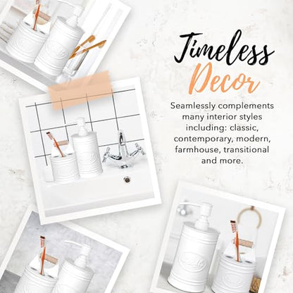 Autumn Alley Kids Bathroom Accessories Set – 2-Piece White Soap Dispenser & Toothbrush Holder, Farmhouse Bathroom Countertop Organizer for Kids, Durable Metal Bathroom Set with Wood Handle - color: White
