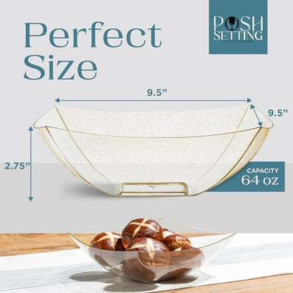 4 Pack Disposable Gold Plastic Serving Bowls Square Party Candy Use 64oz | Square Design. Disposable Party Tableware. Salad, Fruit & Candy Use. Candy Buffet Containers. Gold Plastic. - color: GOLD GLITTER, size: 64 OUNCE