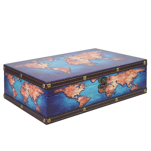 DreamsEden Wooden Storage Box with Vintage Blue Map Design, Antique Treasure Chest for Travelers, Jewelry Keepsakes Home Office Decor (12.2’’L x 8.6’’W x 3.5’’H) - color: Blue Map