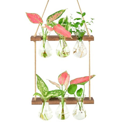 XXXFLOWER Wall Hanging Propagation Station 3 Bulb Vase 2 Tiers Brown | Hanging Plant Holder Wall Hanging Planters for Indoor Plants, Wall Decor for Living Room Office - size: Brown-6 Bulb Vase