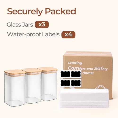 ComSaf Glass Storage Containers wtih Lids 1.4 Qt, Set of 3 Galss Jars | Glass Pantry Storage Containers, Square Kitchen Canisters, Lid with Silicone Seal, Cookie, Cereal, Coffee, 44oz, BPA Free - size: 1.4Qt*3