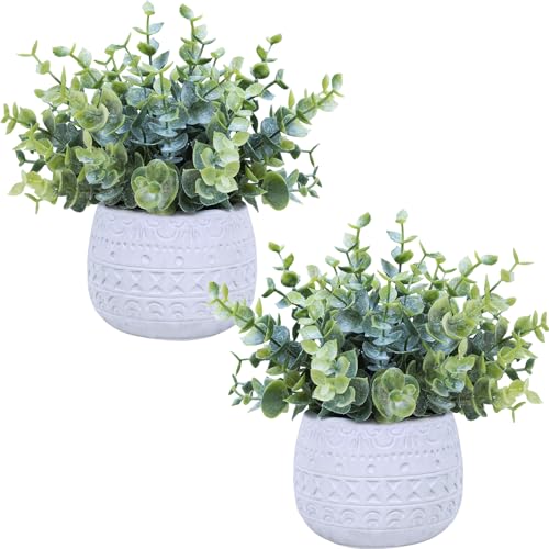 Winlyn Set of 2 Small Artificial Potted Plants Faux Eucalyptus Plant in White Geometric Ceramic Pots Small Desk Potted Plants 7.1" Tall for Home Office Room Decorations Wedding Greenery Centerpiece - color: White Pot