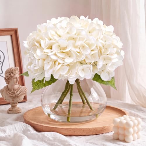 Hydrangea Artificial Flowers with Vase, Real Touch Latex, White | Lifelike Faux Water, Nearly Natural Leaves, Durable & Fade-Resistant, Home Office Table Centerpiece Decor - color: White