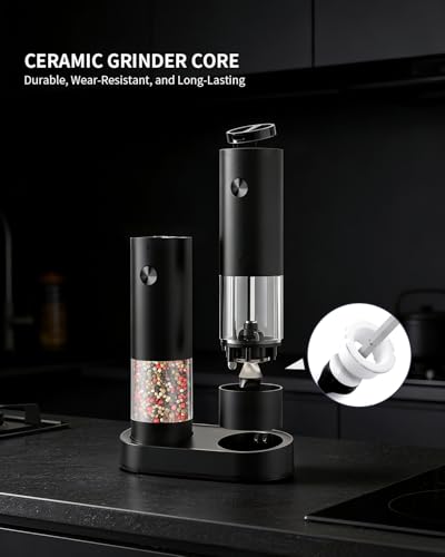 CIRCLE JOY Electric Salt and Pepper Grinder Set with Charging Base, Rechargeable Automatic Pepper Mill, Adjustable Coarseness, LED Light, 140ml Large Capacity - color: Classic Black