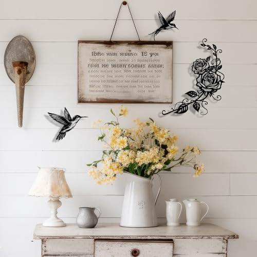 Pinetree Art Flowers and Birds Metal Wall Art Black Hummingbird Rose Set of 3 for Modern Farmhouse Living Room Bedroom Bathroom Kitchen Home Office DIY Decoration