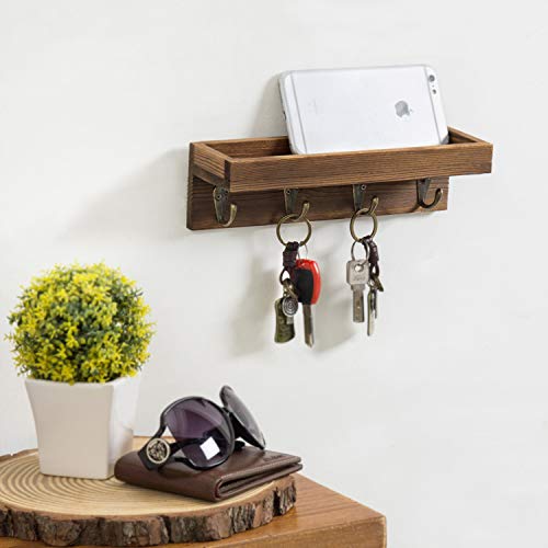 MyGift 10 Inch Brown Wood Wall Mounted Floating Shelf Key Rack with 4 Hooks | Four Metal Hooks, Space Saving Storage, Entryway Organization, Rustic Accent, Keys Mail Accessories Display - color: Dark Brown