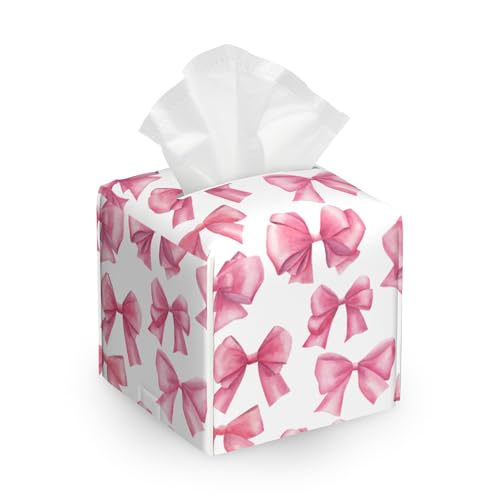 Pink Bow Tissue Box Cover Holder,Leather Tissue Case Holder Facial Paper Organizer Decorative for Tabletop Night Stands Desk Bathroom Kitchen Car Office Home Decor - color: Pink Bow
