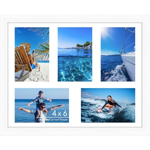 4"x6" Photo Collage Frame 5 Openings, White Wood Frame, White Mat | Holds 5 4x6 Photos or 11x14 Picture, Multi Picture Frame Collage Wall/ Table Decor Wooden, Horizontal/ Vertical - color: White Frame & White Mat, size: 5 Openings (11x14) - 4x6"