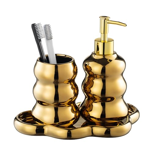 Gold Bathroom Accessory Set, 3-Piece Gold Ceramic Bath Accessories Set with Tray, Lotion Dispenser, and Tumbler for Luxurious Bathroom Decor - color: Gold