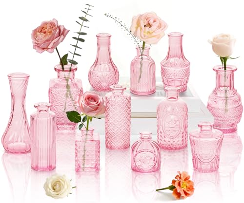 Clear Pink Glass Bud Vase Set of 12 Pcs,Small Bud Vases in Bulk,Glass Crystal Flower Vases Table Centerpieces for Party Event Wedding Decor Baby Shower Decorations (Pink, 12 Pcs) - color: Pink, size: 12 Pcs