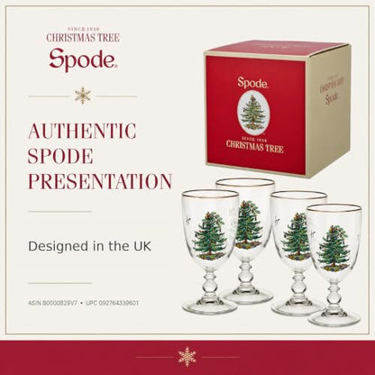 Spode Christmas Tree Pedestal Goblets, 16 Oz - Clear, Set of 4 | Holiday Stemmed Glasses with 22K Gold Rim for Wine, Water & Cocktails, Festive Drinkware for Christmas Dining & Entertaining - style: Pedestal Goblets
