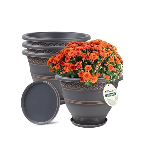12 Inch Plaid Plant Pots 4 Pack with Drainage and Saucers Copper | Copper plaid PP pots with drainage holes and saucers for flowers herbs pothos aloe patio porch garden - color: Copper, size: 12 Inches-4 packs