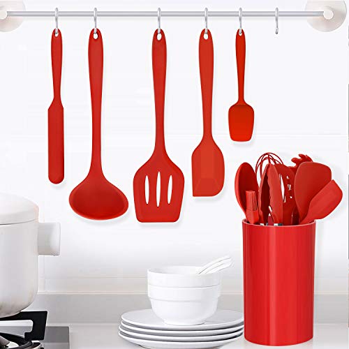 LIANYU 14 Pcs Silicone Cooking Utensils Set with Holder, Red | Kitchen Utensils Set for Non-Stick Cookware, 446°F Heat Resistant Cooking Tools with Comfort Grip Handle, Dishwasher safe - color: Red