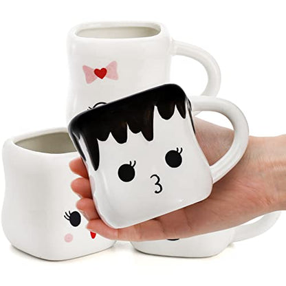 Hedume Set of 4 Cute Ceramic Hot Chocolate Mugs with Handle, Coffee Mug Set, Couple Matching Mugs, Perfect for Anniversary Christmas Wedding Valentine's Day