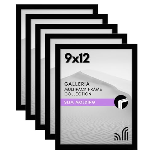 Americanflat 9x12 Picture Frame 5-Pack - Slim Molding - Black | Polished plexiglass front, hangs vertical or horizontal, sawtooth hangers included, secure turn-tab backing - color: Black, size: 9x12