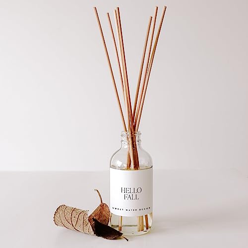 Sweet Water Decor Hello Fall Reed Diffuser Set - Hot Cider, Cinnamon, Cloves, Apple, and Nutmeg Fall Scented Diffuser - Scent Diffusers for Home, Fall Home Long Lasting Fragrance, Made in the USA - style: Hello Fall