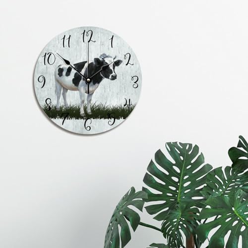 Holstein Cow Wall Clock Milk Cow Clock Kitchen Wall Clock Silent Non-Ticking Wooden Wall Clock Battery Operated Living Room Clock Farmhouse Decor Rustic Home Decor for Office 10 inch