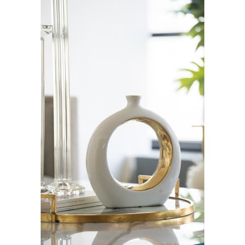 White and Gold Donut Vase Ceramic Hollow Round Flower Vase Minimalist Boho Home Decor for Wedding Party Dinner Table Living Room Office Bedroom
