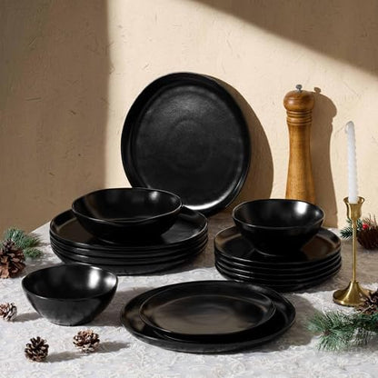 Herogo 12Pcs Plates and Bowls Set for 4, Irregular Handmade Stoneware Dinnerware, Crack and Scratch Resistant, Microwave & Dishwasher Safe, Reactive Glaze, Artistic Rustic Tableware, Matte Black - color: Matte Black, size: 4 Set (12pcs)
