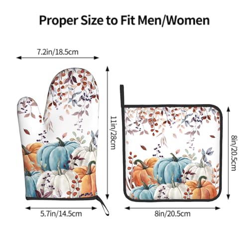 Giwawa Fall Orange Pumpkin Oven Mitt Potholders Sets Eucalyptus Leaves Heat Resistant Oven Glove Set of 2 Kitchen Hot Pads for Cooking Baking BBQ - color: Fall Orange Pumpkin