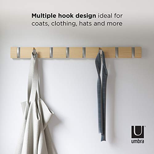 Umbra Flip Coat Rack, Wall Mount 8-Hook, Space Saving, Natural/Nickel | Real wood and steel build, retractable hooks fold flat, holds coats bags and scarves, easy install - color: Natural/Nickel, size: 8-Hook
