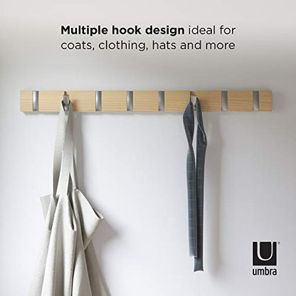 Umbra Flip Coat Rack, Wall Mount 8-Hook, Space Saving, Natural/Nickel | Real wood and steel build, retractable hooks fold flat, holds coats bags and scarves, easy install - color: Natural/Nickel, size: 8-Hook