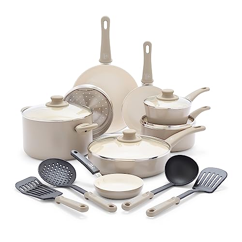 GreenLife 16 Piece Ceramic Nonstick Pots & Pans Cookware Set, Taupe | PFAS-Free Nonstick Coating, Stockpot, Frying Pans, Saucepans, Sauté Pan, Stay-Cool Handles, Dishwasher & Oven Safe up to 350F - color: Taupe, style: Soft Grip
