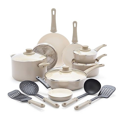 GreenLife 16 Piece Ceramic Nonstick Pots & Pans Cookware Set, Taupe | PFAS-Free Nonstick Coating, Stockpot, Frying Pans, Saucepans, Sauté Pan, Stay-Cool Handles, Dishwasher & Oven Safe up to 350F - color: Taupe, style: Soft Grip