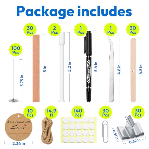 375Pcs Candle Making Kit, 4" Cotton Wicks & 5" Wood Wicks | Wick Holders, Candle Stickers, Tweezers, Pen, Use for DIY Candle Making - size: 4IN-130pcs