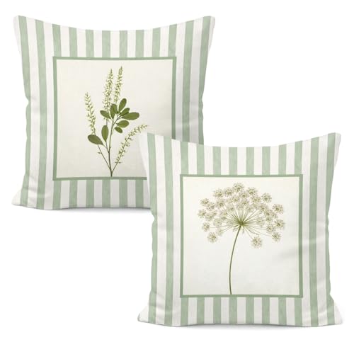 Sage Green Floral Botanical Pillow Covers 18x18, Cottagecore Sage Green and White Striped Botanical Flower Decorative Throw Pillow Covers for Home Bedroom Living Room Sofa Couch, Set of 2 - color: White-sage Green Floral
