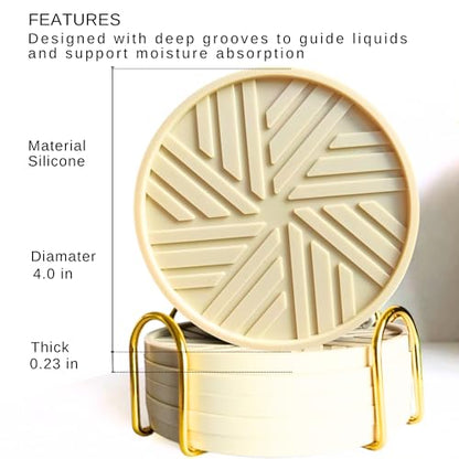 Silicone Coasters Set of 6 - with Gold Holder, smart Modern Grooved Pattern Protecs to Coffee Tables, Beige - color: Neutral Beige