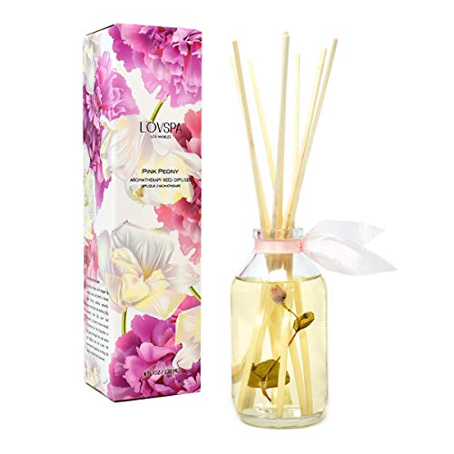 Reed Diffuser Set - Pink Peony Scented Diffuser with Sticks | Home Fragrance Reed Diffuser for Bedroom, Bathroom Shelf Décor, with Real Florals in the Bottle - Made in the USA - color: Pink Peony