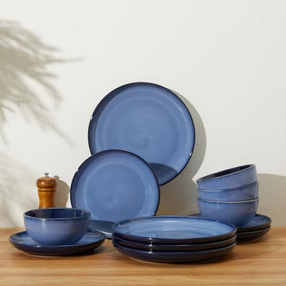 Stoneware Dinnerware Sets, Ceramic Plates and Bowls Set, Microwave & Dishwasher Safe Kitchen Dish Set, Modern Dinner Plates | Salad Plate | Cereal Bowls for 4, Dishware Sets Blue - color: Mist Blue, size: Set (12pcs)