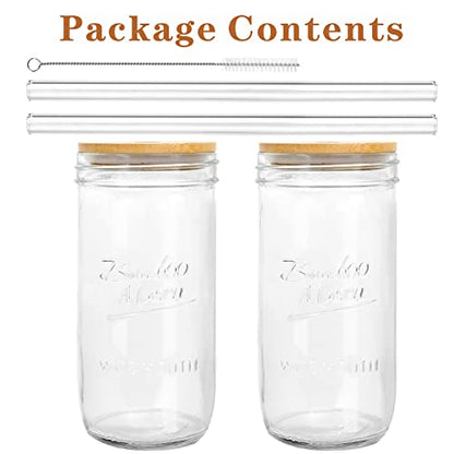 2Pcs Glasses with Lid and Straw, 24oz Wide Mouth Cup Drinking Glasses | Bottles for Iced Coffee Margaritas Ice Cream Juice Cocktail Travel Office Home - color: Transparent 2