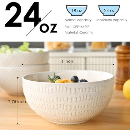 24 OZ Large Soup Bowls Set of 4, Farmhouse Embossment Ceramic Cereal Bowls for Salad, Serving, Fruit, Snack, Noodle, Ramen, Pho, Microwave & Dishwasher Safe, 6 Inch White - size: 6 INCH