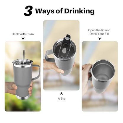 20 oz Tumbler with Handle, Stainless Steel Insulated Tumbler with Lid and Straw, Double Wall Vacuum Coffee Mug Tumbler, Insulated Coffee Thermal Cup for Cold and Hot (Grey, 20 Ounces) - color: Gray, size: 20 Ounces