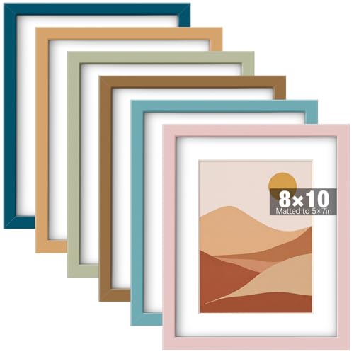 8 x 10 Picture Frame Set of 6, Boho Colorful Photo Frames | Display Pictures 5 x 7 with Mat, or 8 x 10 without Mat Picture Frame, with Acrylic Cover, for Gallery Home Wall Table Decor - size: 8 x 10
